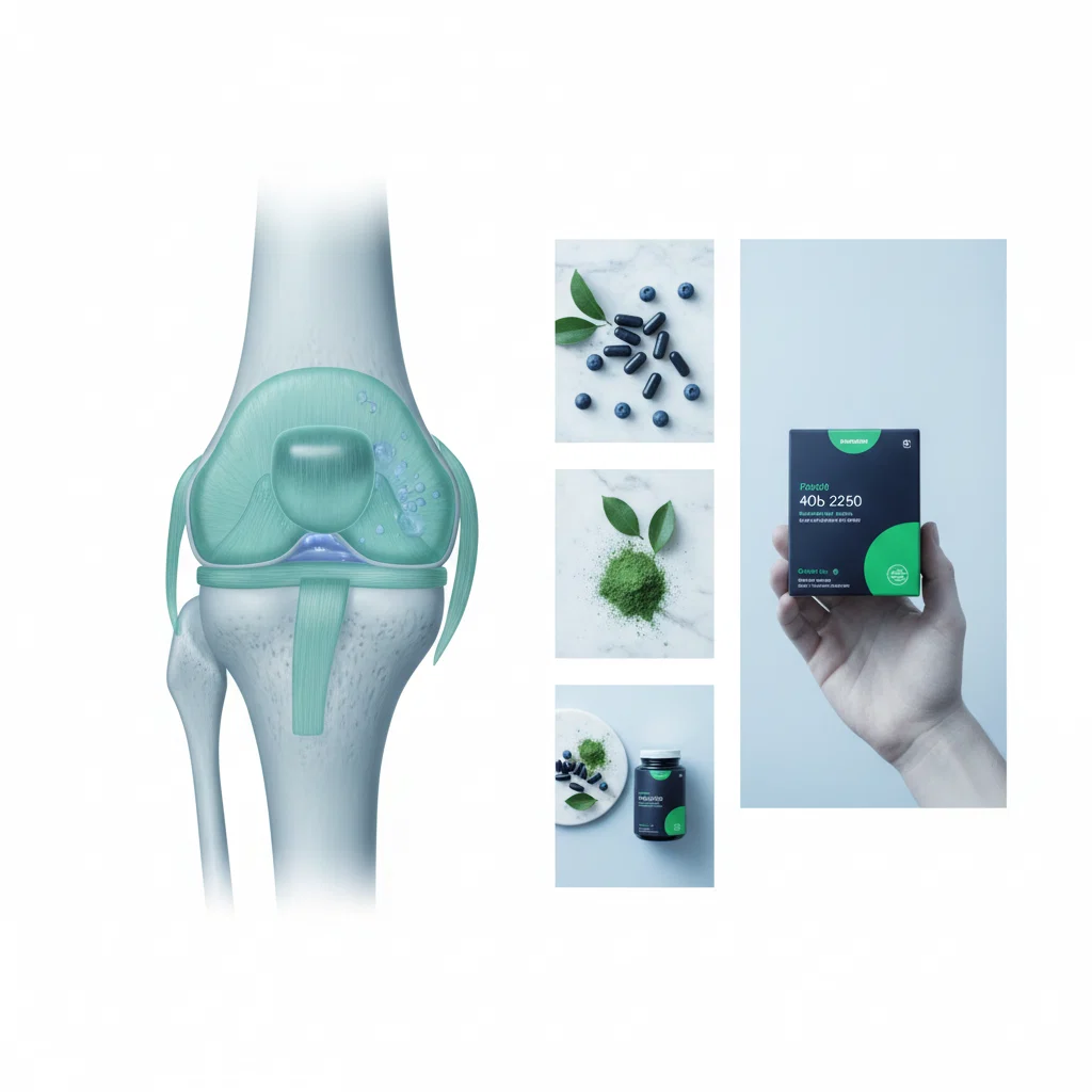 Anatomisk illustration av knäled med brosk och ledvätska markerade