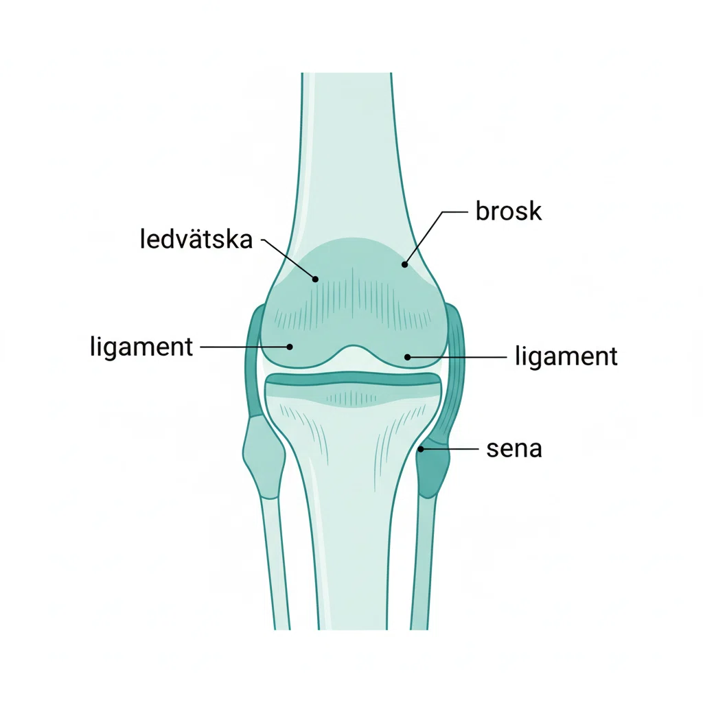 Schematisk ledsdiagram med svenska etiketter: brosk, ledvätska, ligament, sena