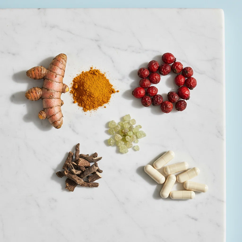 Flatlay av naturliga ingredienser: gurkmeja, nypon, boswellia, djävulsklo och kapslar