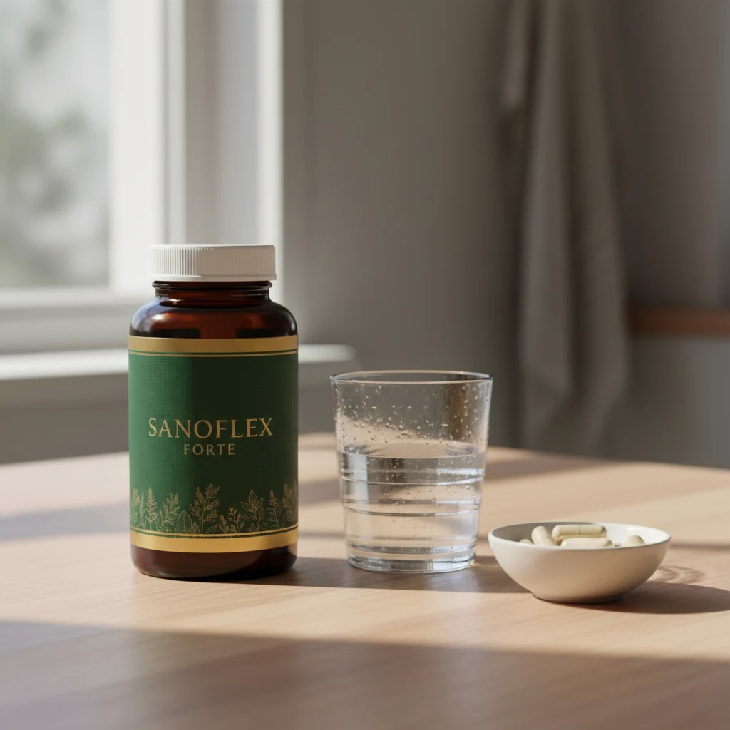 Sanoflex Forte förpackning i närbild, mörkblå med grön accent